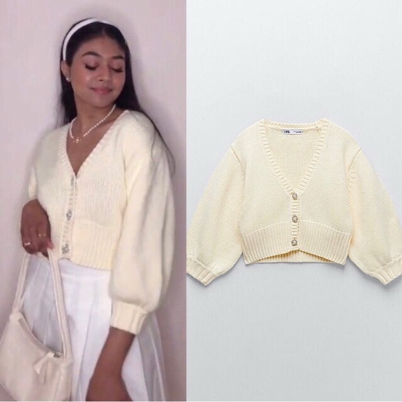 ZARA knit cropped cardigan with jewel buttons size medium - Picture 3 of 9
